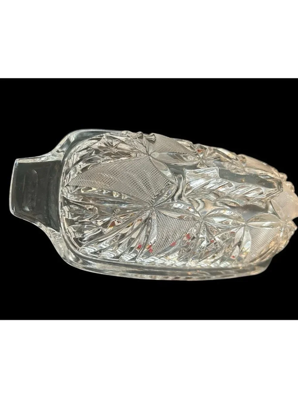 Vintage Cut Crystal Covered Butter Dish Handled Fan Diamond Star Design